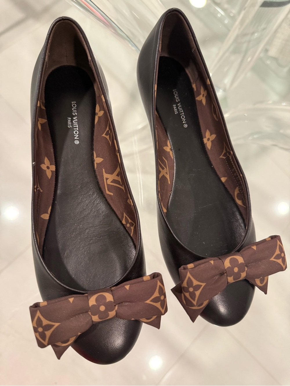 Louis Vuitton Black Leather Monogram Bow Ballet Flats 37